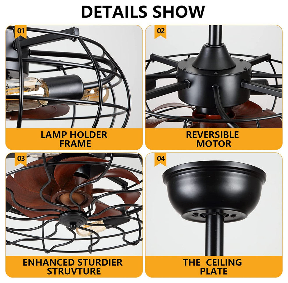 4 Light Caged Fan With Lights Remote Control Black Ceiling Fan Light