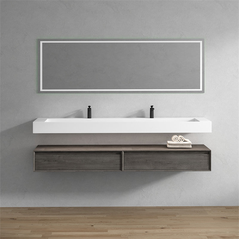 Alysa 84'' Floating Vanity, Acrylic Sink, Double Faucet Hole, Smoke Oak