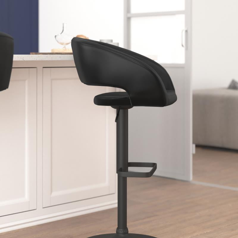 Erik Contemporary Vinyl Adjustable Height Barstool with Rounded Mid-Back, Black