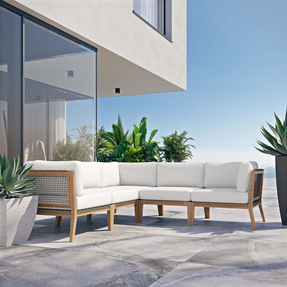 Clearwater Outdoor Patio Teak Wood 5-Piece Sectional Sofa, Gray White