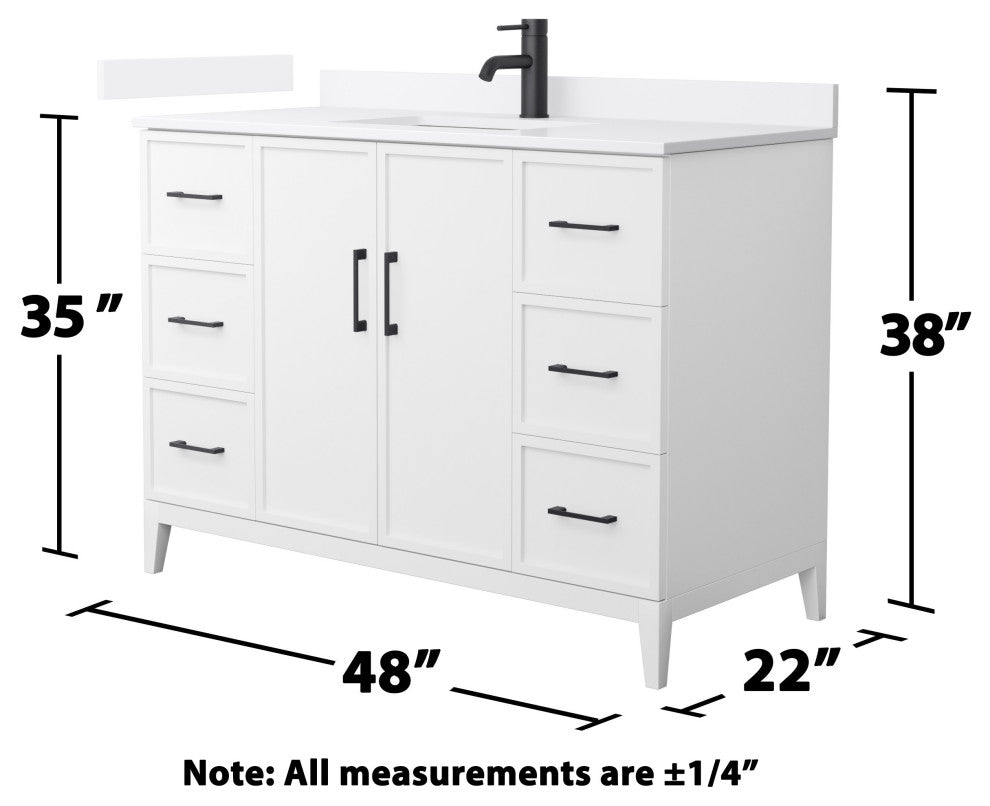 Elan 48" Single Vanity, White, White Quartz Top, 1-Hole, Black Trim