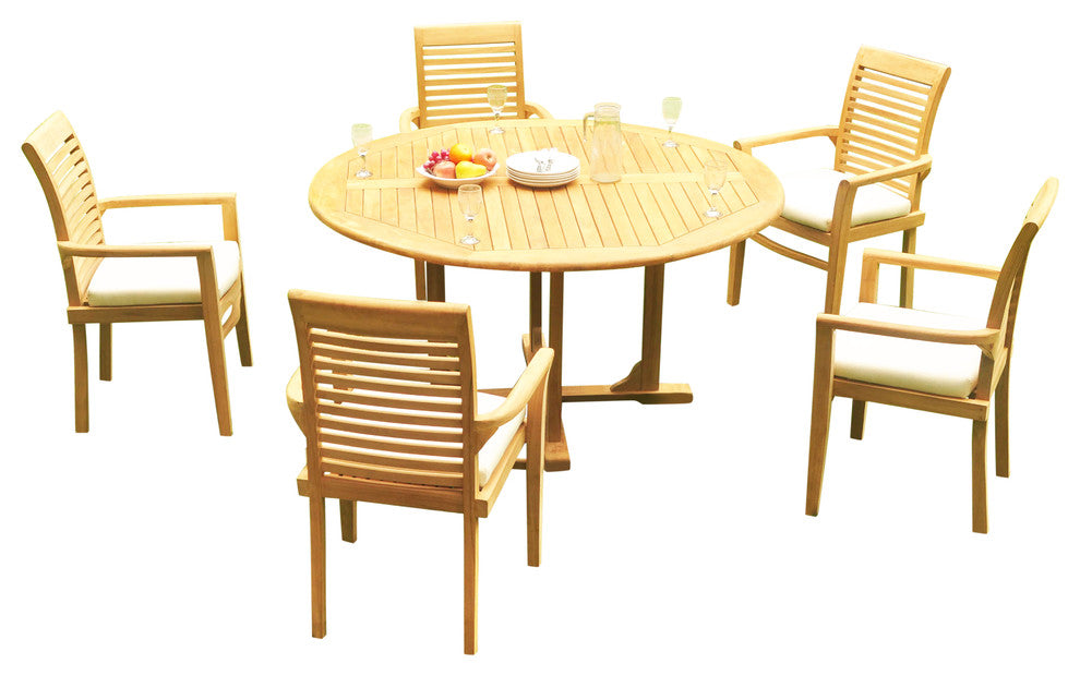 6-Piece Outdoor Teak Dining Set: 60" Round Table, 5 Mas Stacking Arm Chairs