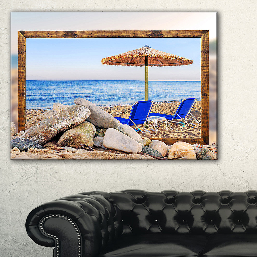 "Framed Beach with Chairs and Umbrella" Seashore Canvas Print