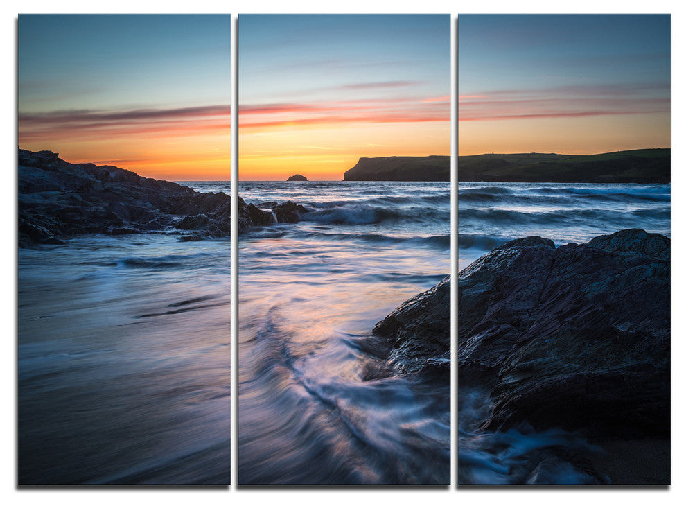 "Setting Sun at Polzeath Beach" Metal Wall Art, 3 Panels, 36"x28"