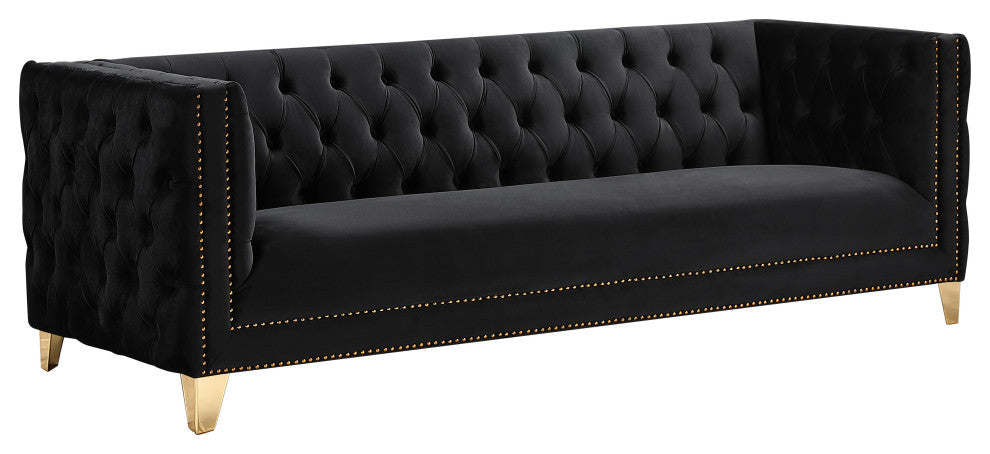Michelle Fabric Upholstered Chair, Gold Iron Legs, Black, Velvet, Sofa
