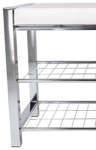 Danya B. Leatherette Entryway Bench with Two Metal Shoe Racks, White/Chrome