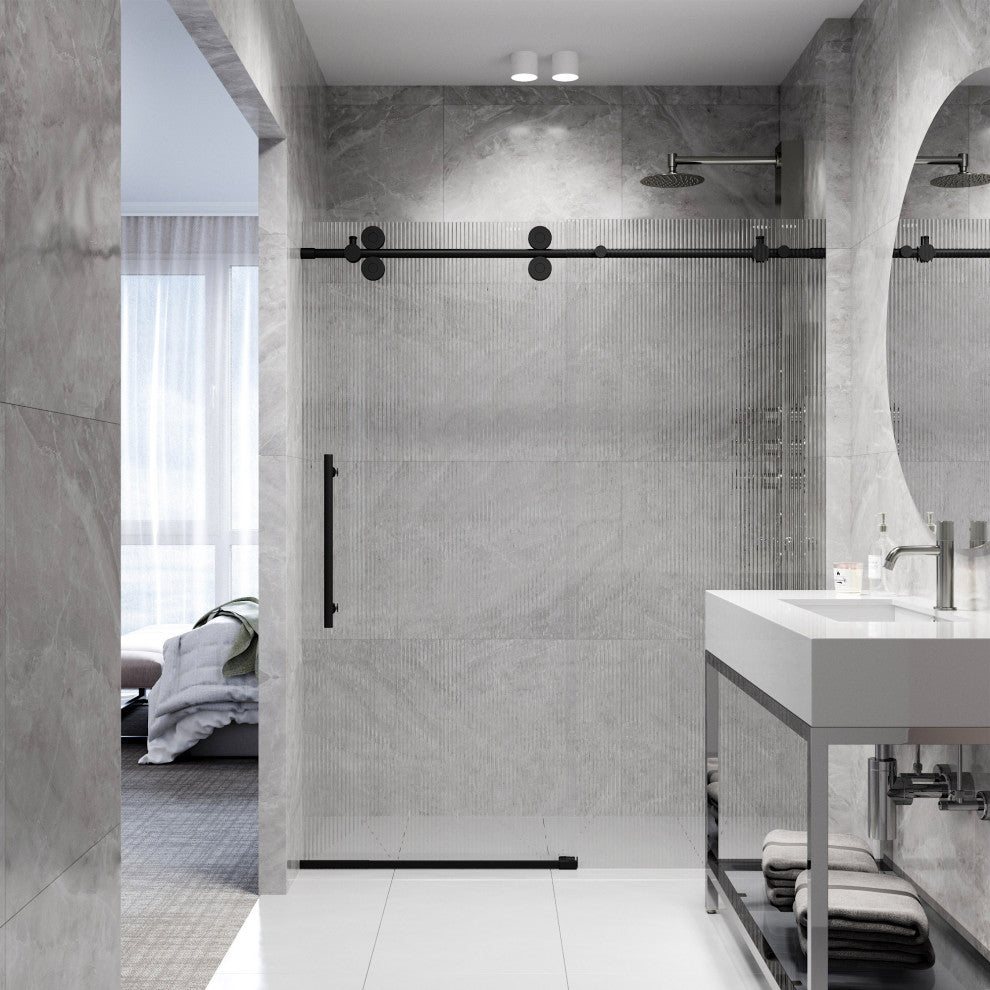 VIGO Elan 56" to 60" W x 74" H Frameless Sliding Shower Door, Matte Black, Left, Fluted Glass