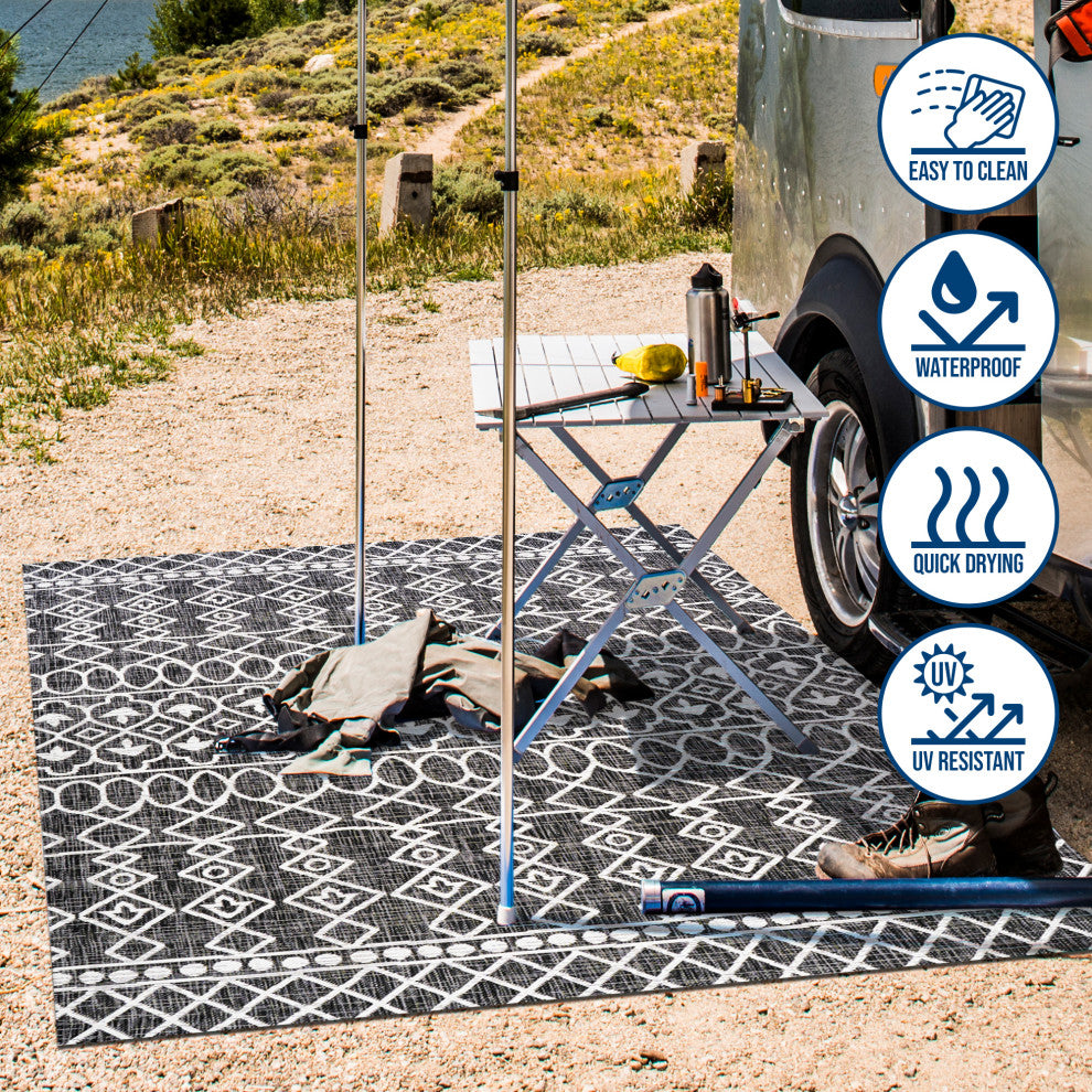 Kafel Tribal Bohemian Indoor/Outdoor Area Rug, Black/Ivory, 5'x8'