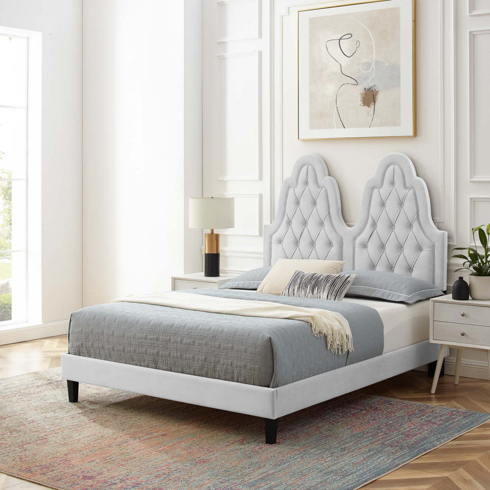Tufted Platform Bed Frame, Full Size, Velvet, Gray, Modern Contemporary