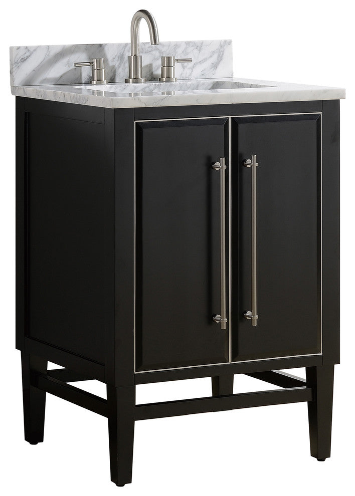 Mason 25" Vanity Combo, Black, Brushed Silver / Natural 1" Carrara White Marble Countertop and Backsplash
