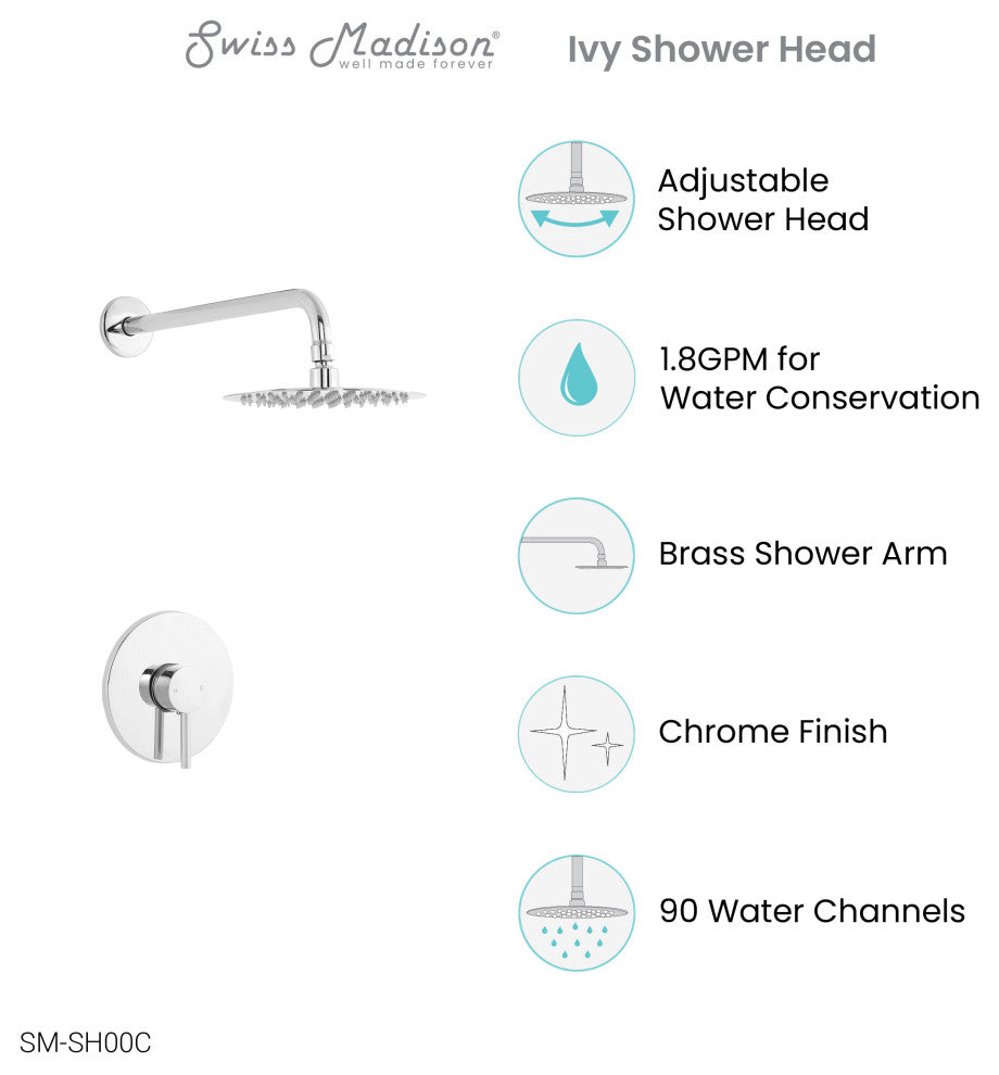 Ivy Single Handle 1 Spray 8" Wall Mounted Fixed Shower Head, Chrome