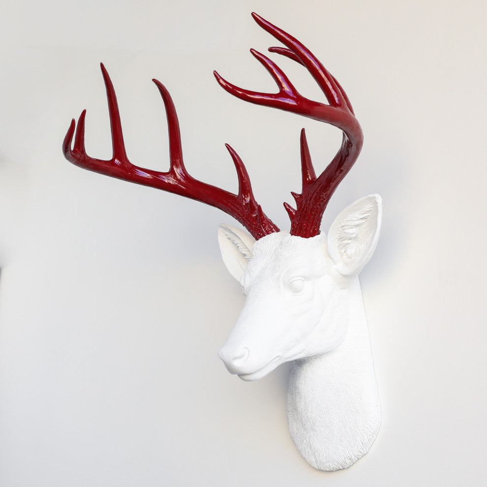 Faux Deer Head Wall Mount 14 Point Stag Head Antlers, White and Red
