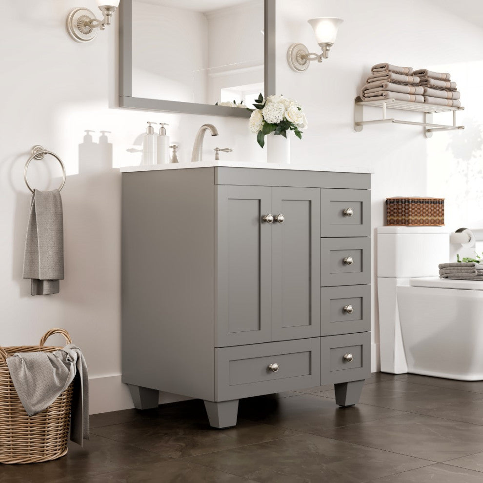 Eviva Acclaim 28" Transitional Bathroom Vanity w/ White Carrara Top, Grey