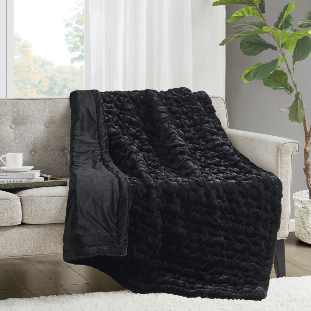 Madison Park Ruched Fur Ruched Long Fur 50x60" Throw Blanket, Black