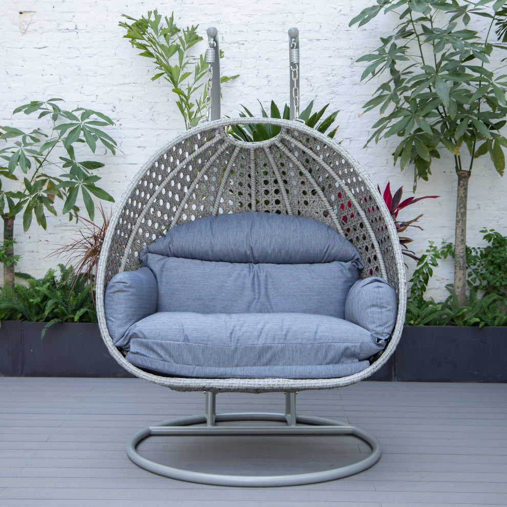 LeisureMod Mendoza Light Brown Wicker Hanging Double Egg Swing Chair, Charcoal