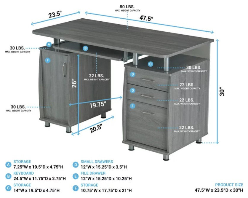 Modern Desk, Floating Top With Keyboard Tray & Plenty Storage Space, Gray