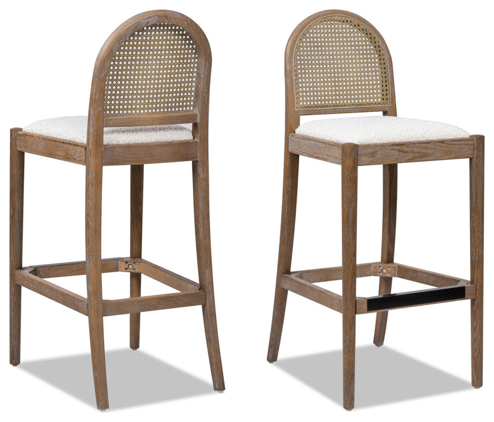 Panama Curved Back Cane Rattan Stool, Set of 2, Ivory White Boucle, 30" Bar Height