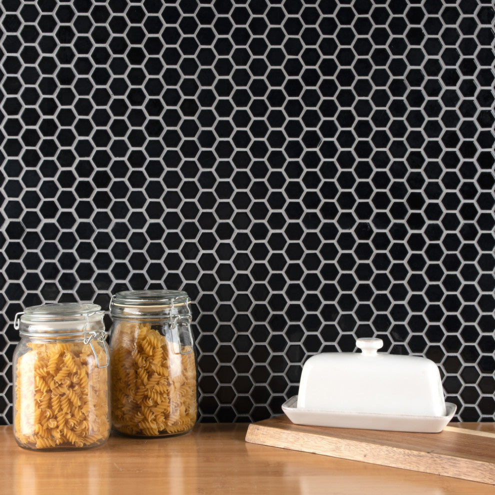 Metro Hex Matte Porcelain Mosaic Floor and Wall Tile, Black