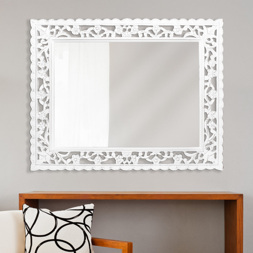 American Art Decor Hand-Carved Floral Wood Panel and Decor Mirror, White