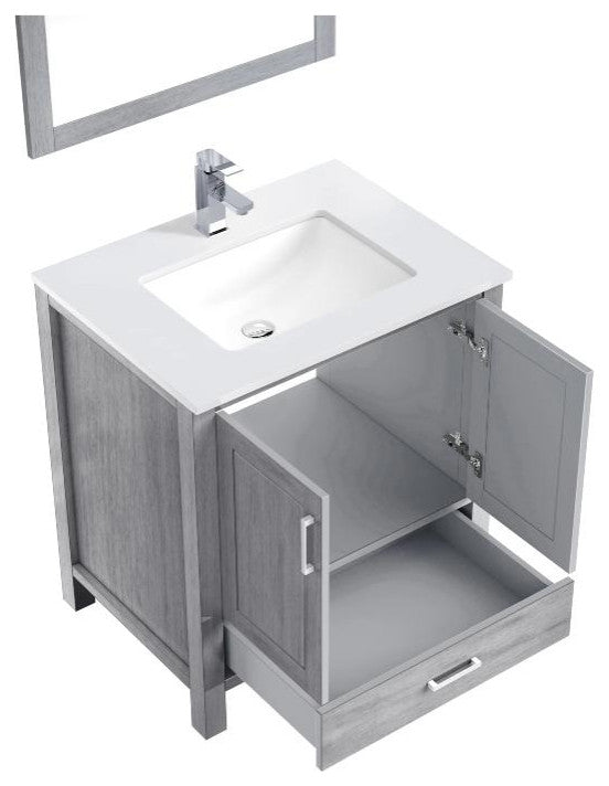 Jacques 30" Distressed Grey Single Square Sink Vanity with Quartz Top, With Mirr