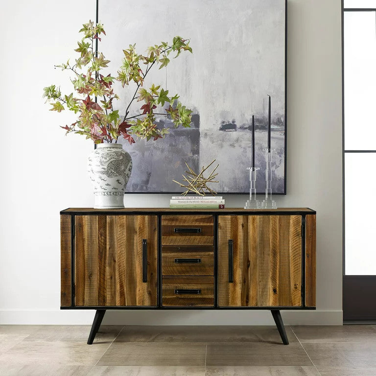 Rustic Sideboard, Wood Top With Storage Drawers & Metal Handles, Antique Acacia