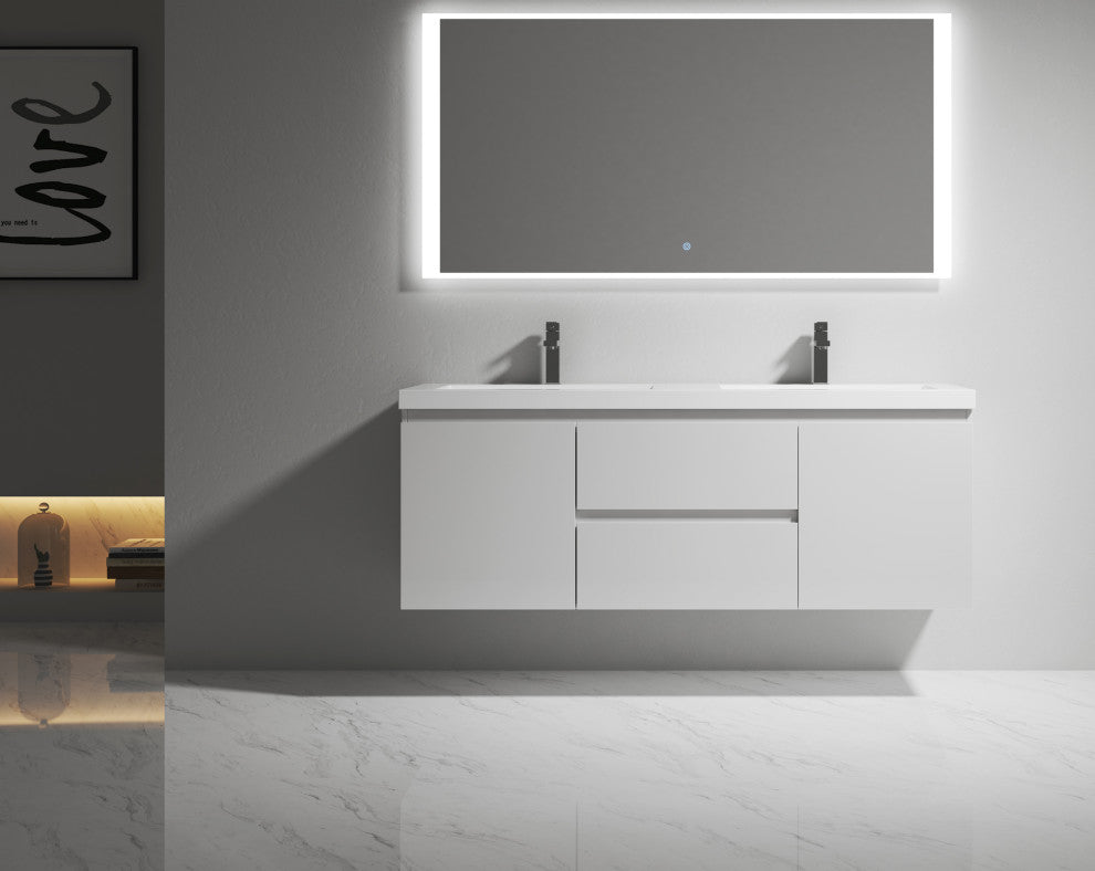 Alma-Pre Gloss White Double Sink Vanity With Integrated Sink, 60"