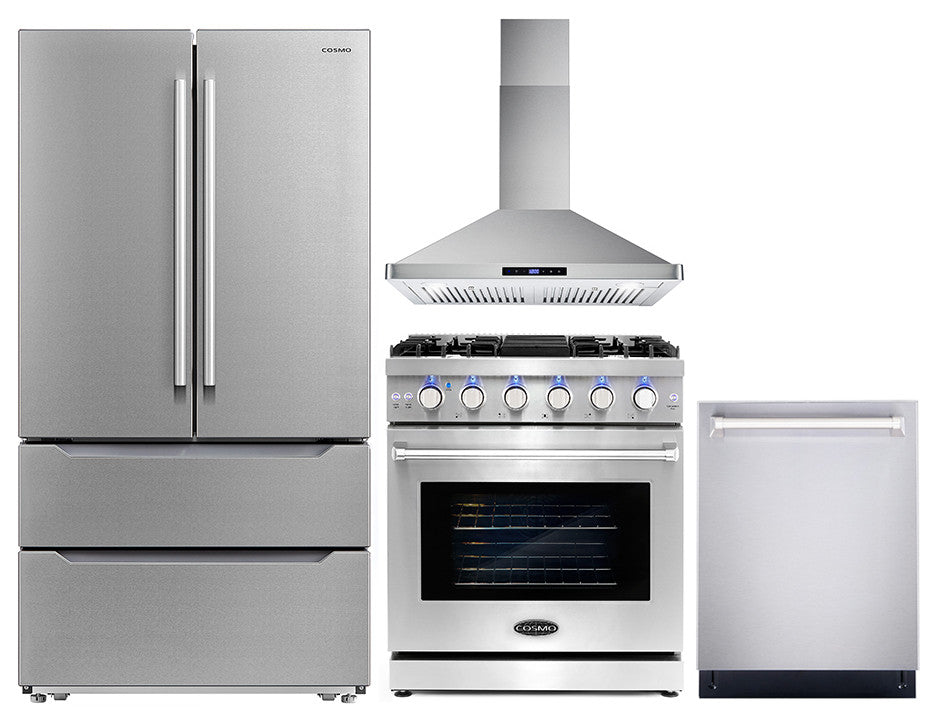 4 Piece, 30" Gas Range 30" Range Hood 24" Dishwasher & Refrigerator