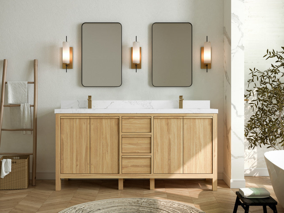 Elizabeth 72 Double Sink Bath Vanity in Light Natural Teak 2" Calacatta Nuvo