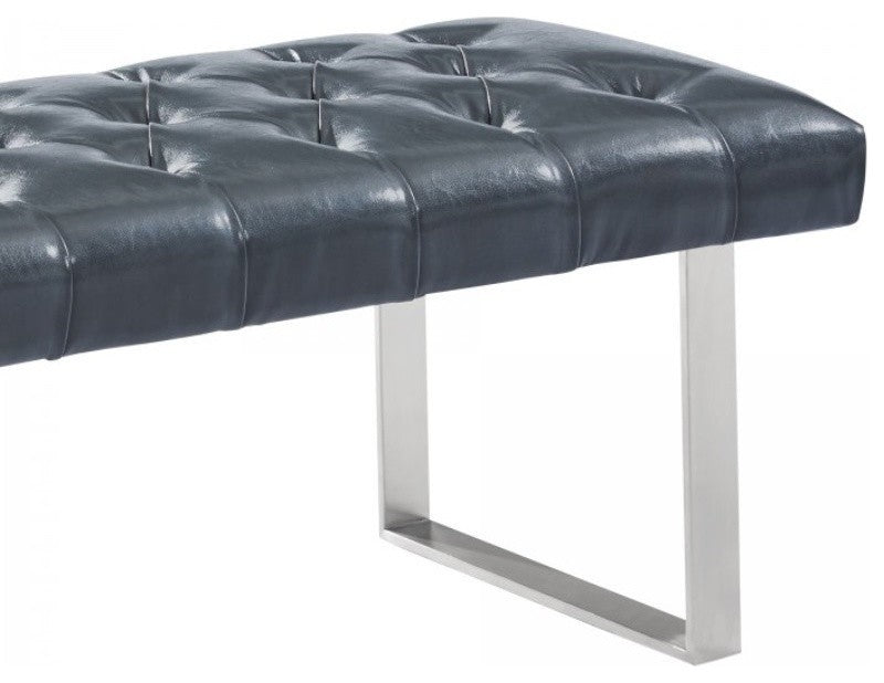 Plaza Contemporary Bench in Gray Faux Leather and Brushed Stainless Steel Finish