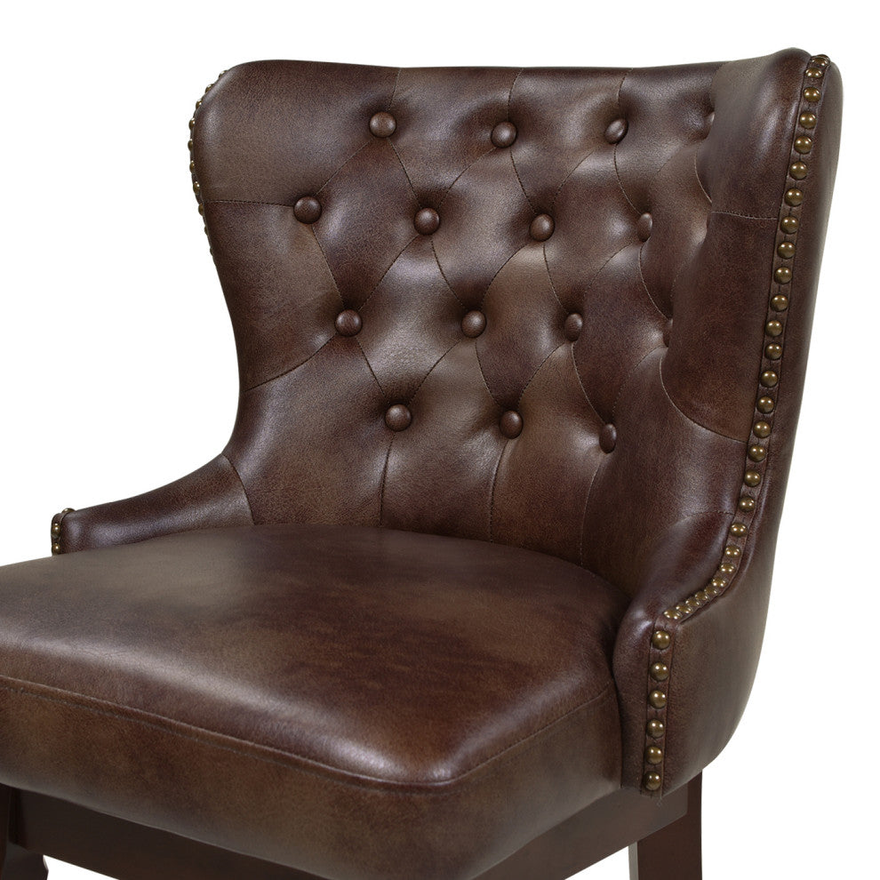 Holmes 27" Tufted High-Back 360 Swivel Counter-Height Barstool, Mid Brown Faux Leather