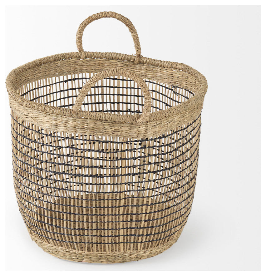 Triopas Medium Brown Seagrass Round Baskets With Handles, 3-Piece Set