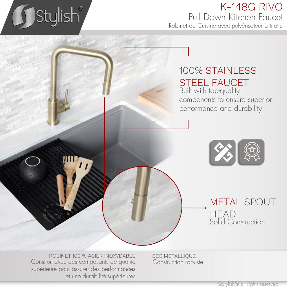 STYLISH Single Handle Pull-Down Dual Mode Kitchen Faucet Stainless Steel Golden