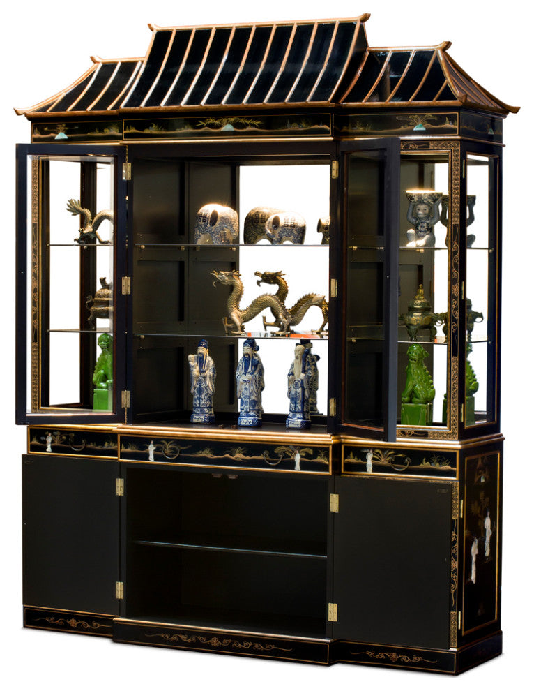 Black Lacquer Mother of Pearl Pagoda China Cabinet - FREE Inside Delivery