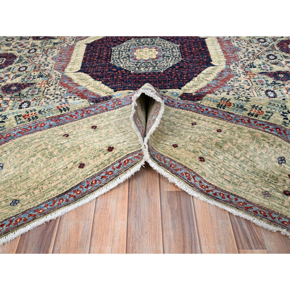 Green, Mamluk Design, Pure Wool, Hand Knotted, Oriental Rug, 8'x10'2"