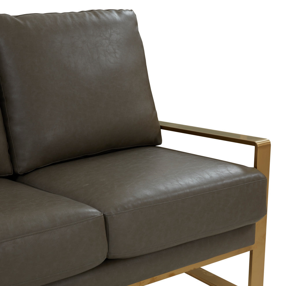 LeisureMod Jefferson Modern Design Faux Leather Sofa With Gold Frame, Gray