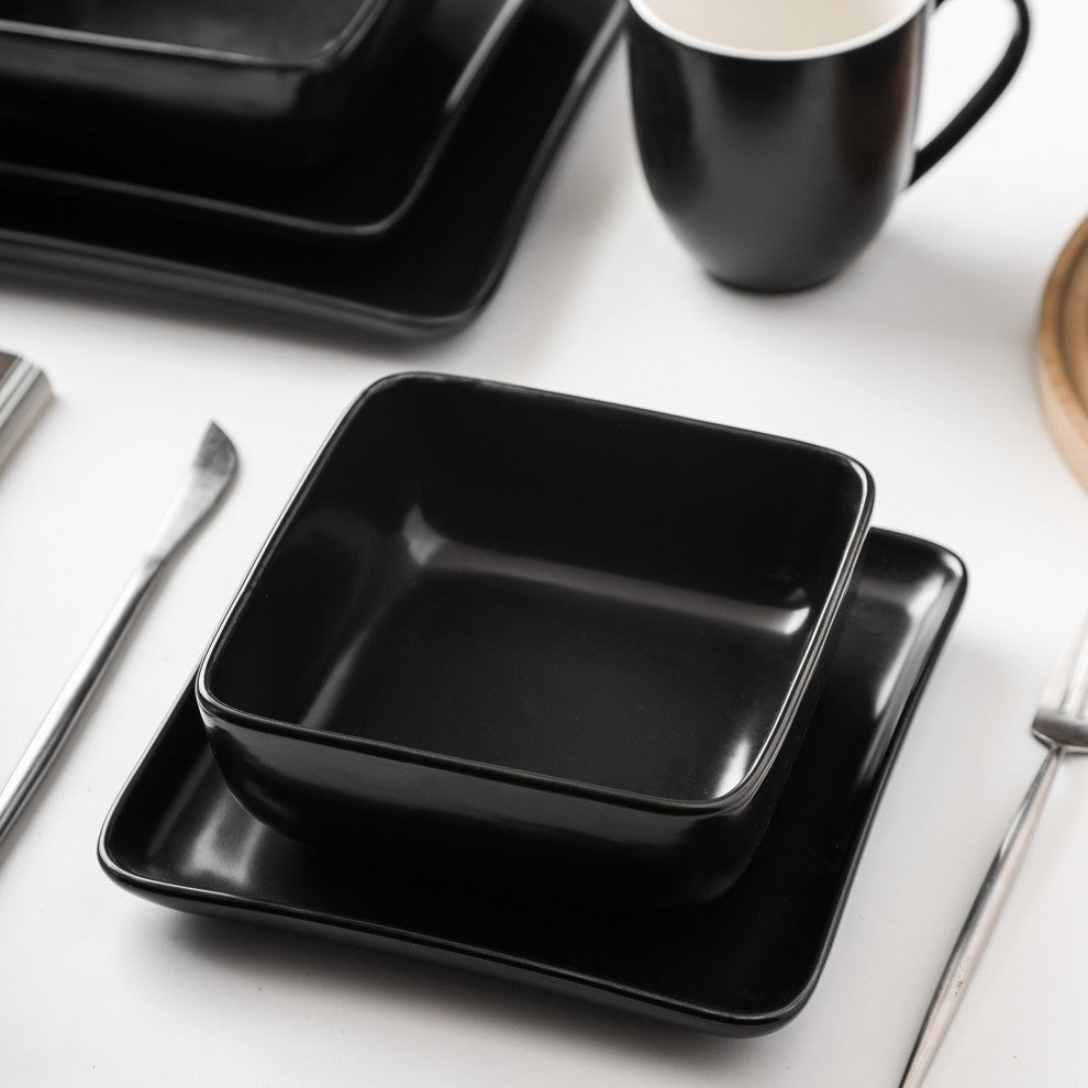 Stone Lain Amy Porcelain Plates and Bowls Sets, 24 Piece Dinnerware Set, Black