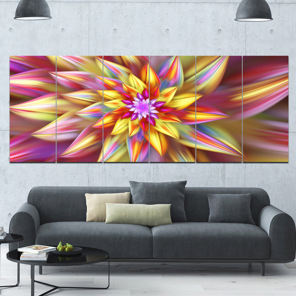 Multi Color Alien Fractal Flower, Floral Canvas Art Print, 70"x28", 6 Panels