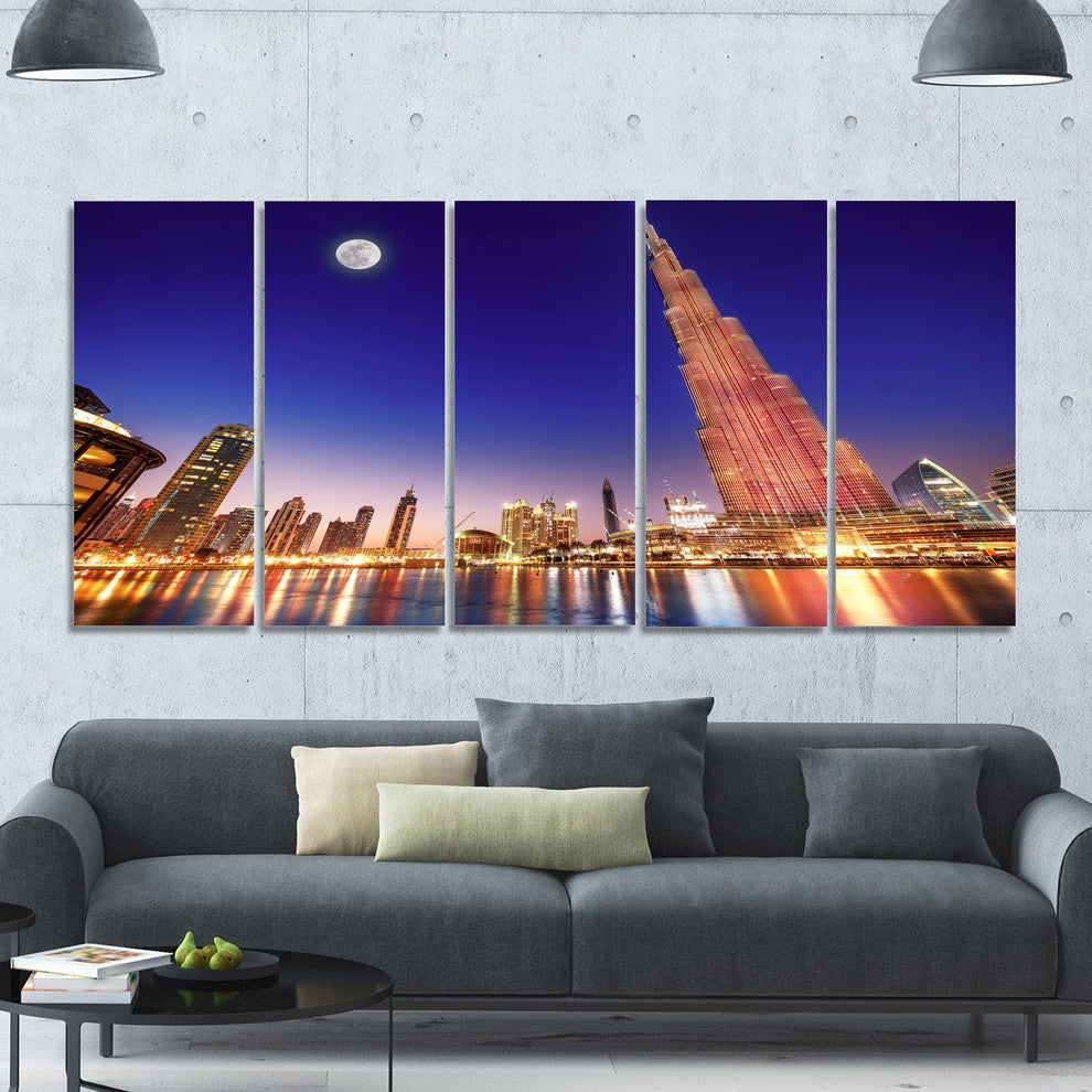 Burj Khalifa Night Landscape, Cityscape Canvas Art Print, 60"x28", 5 Panels