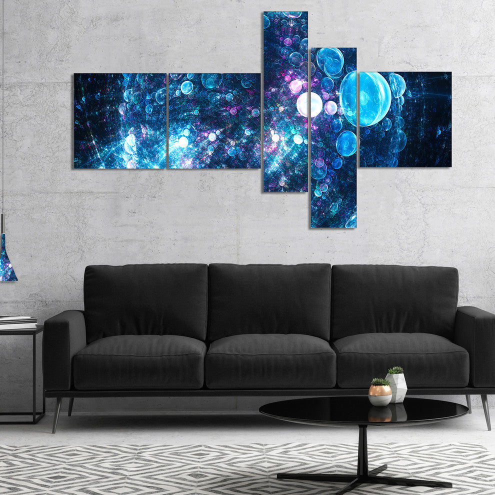 Blue Spherical Planet Bubbles, Abstract Canvas Art Print, 60"x32", 5 panels