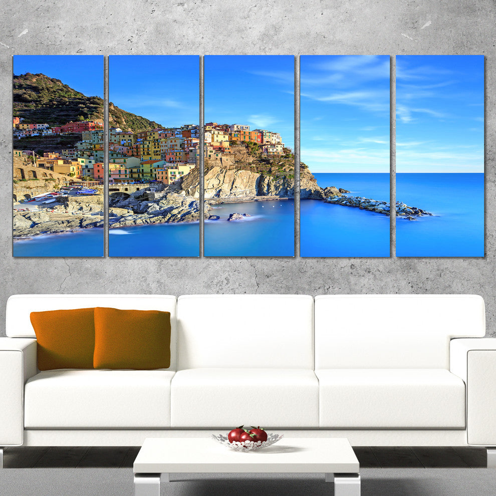 Manarola Village in Rocks and Sea, Beach Photo Canvas Print, 60"x28", 5 Panels