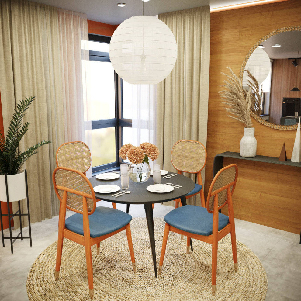 LeisureMod Holbeck Modern Dining Chair with Wood Legs and Wicker Back, Navy Blue