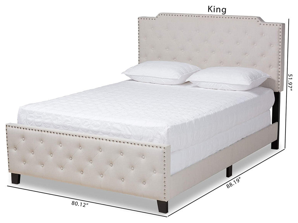 King Panel Bed with Button Tufted Headboard and Nailhead Trim, Beige/Black