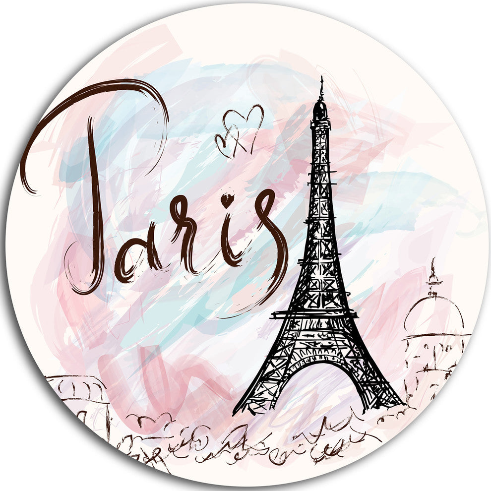 Illustration With Eiffel Tower, Abstract Cityscape Round Wall Art, 38"