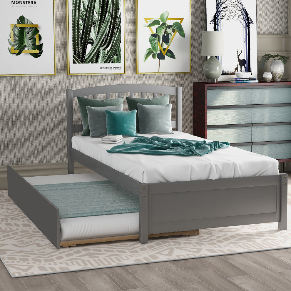 TATEUS Twin Platform Bed With Trundle, Wood Bed Frame With Headboard, Gray