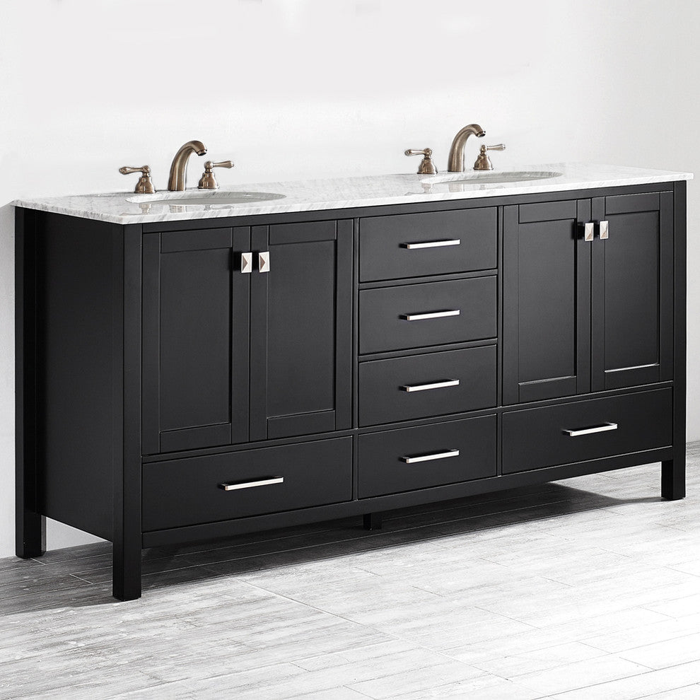 Gela 72" Vanity in Espresso with Carrara White Marble Countertop Without Mirror