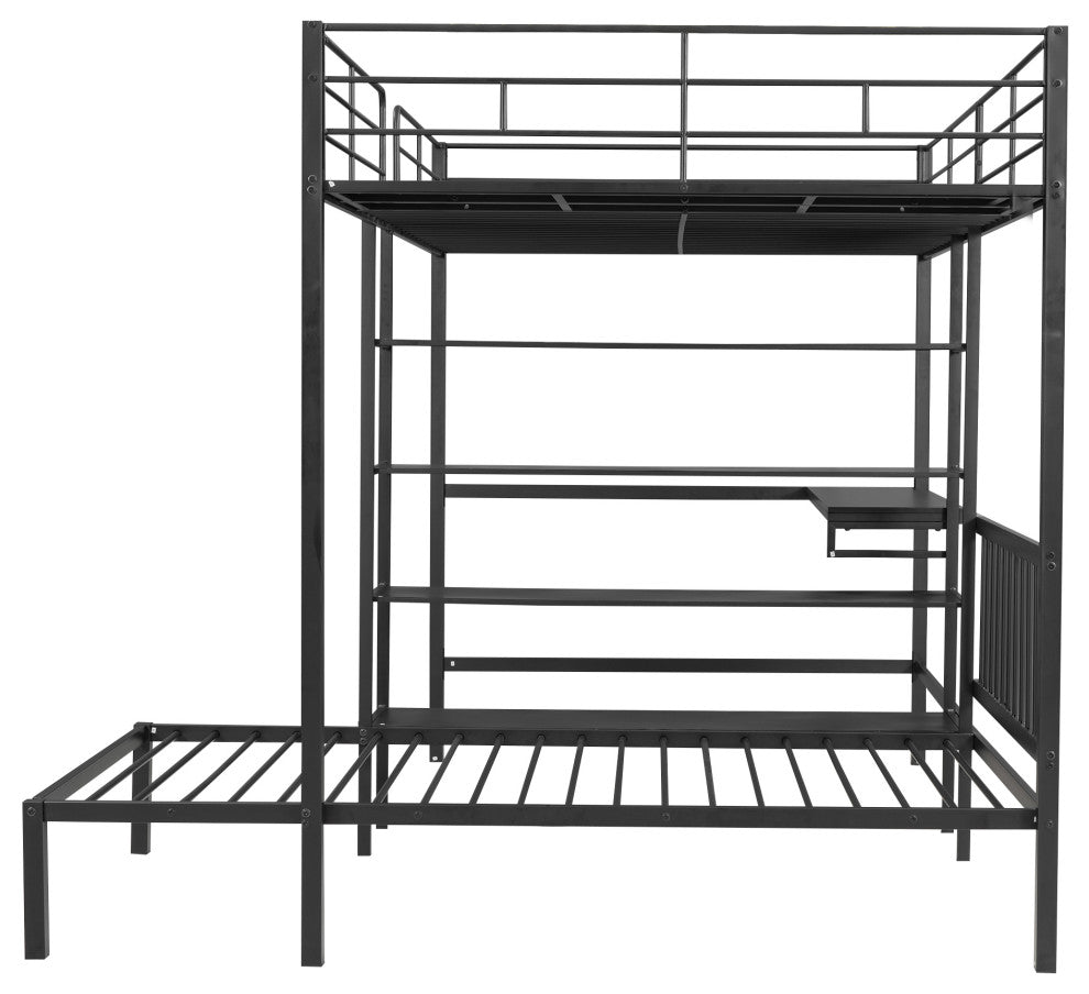 Gewnee Full Over Twin Metal Bunk Bed with Desk and Shelves in Black