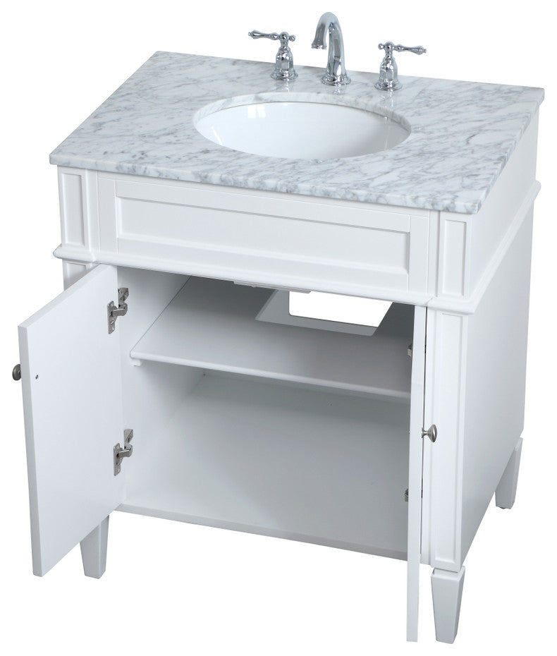 Home Living Vanity with Carrara White Marble Countertop, White, 30", Single Sink