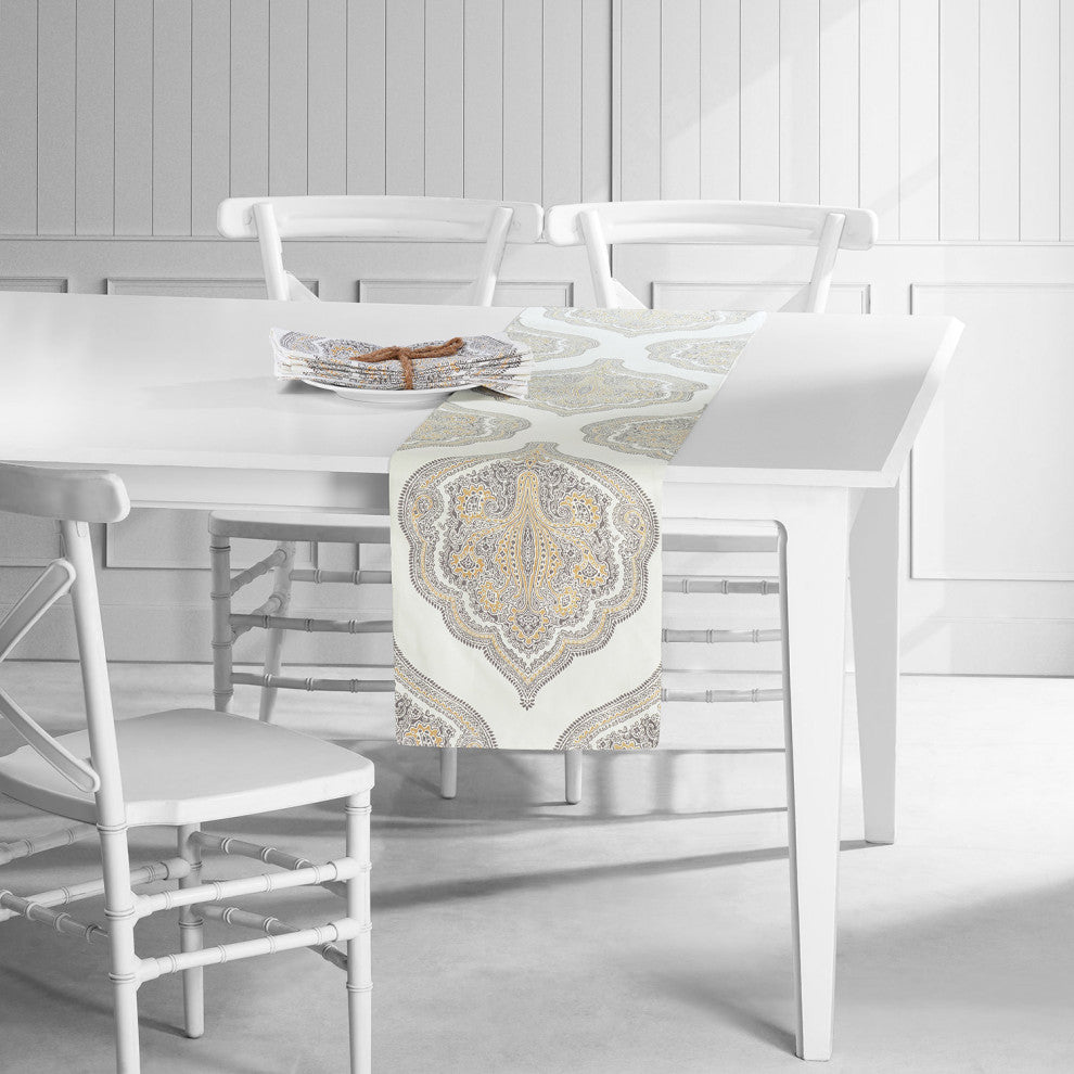 Arabesque Printed Cotton Table Runner and Placemats, Arabesque Tan