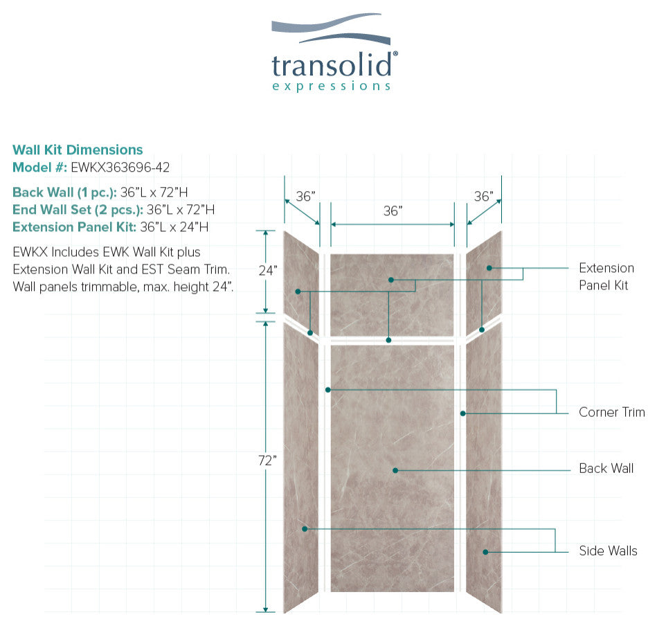 Transolid Expressions Shower Wall Kit, Dover Stone, 36"x36"x96"