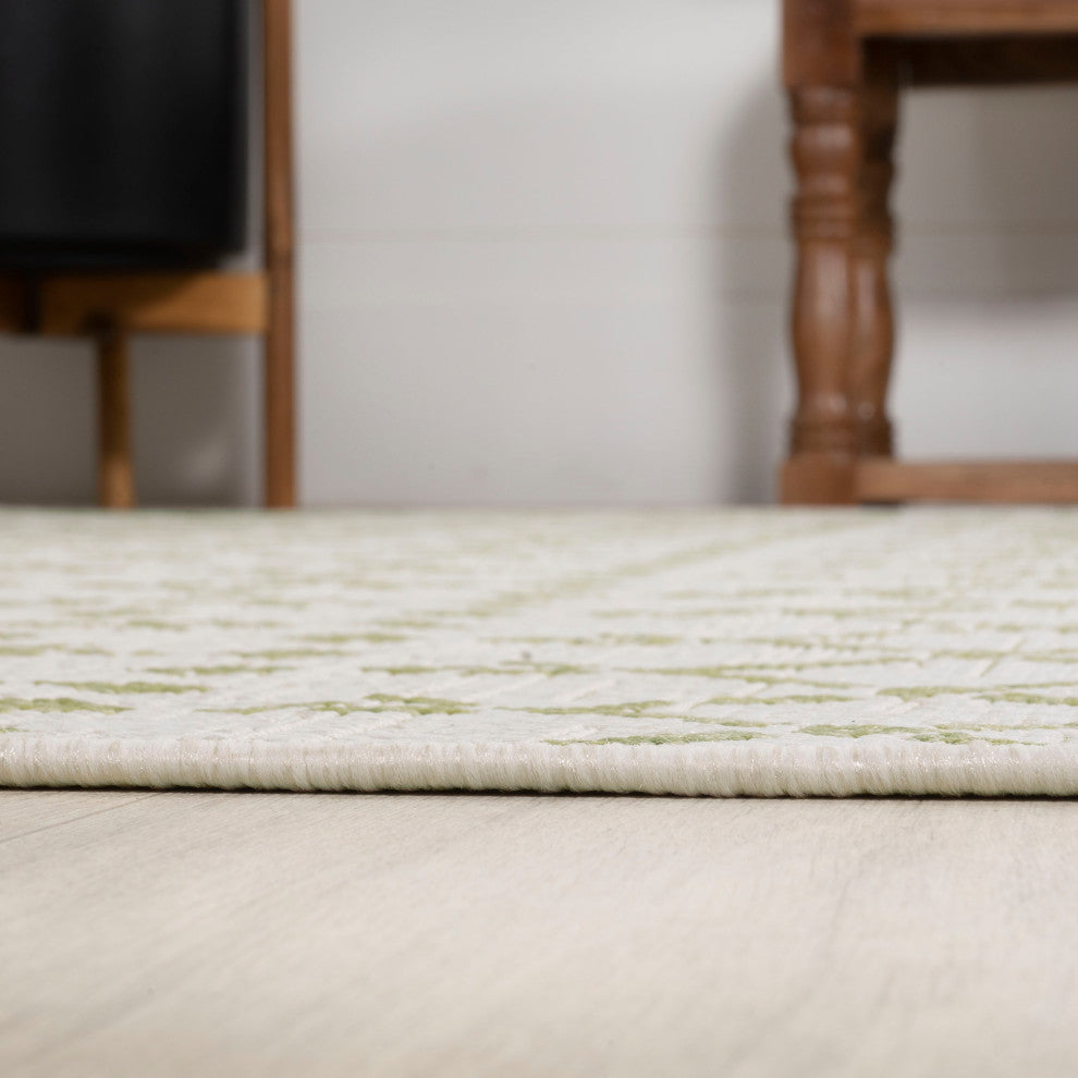 Ourika Moroccan Geometric Indoor/Outdoor Rug, Cream/Green, 5' Square